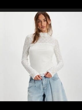 NWT Free People Maya White Lace Mock-Neck Long-Sleeve Top Sz Sm